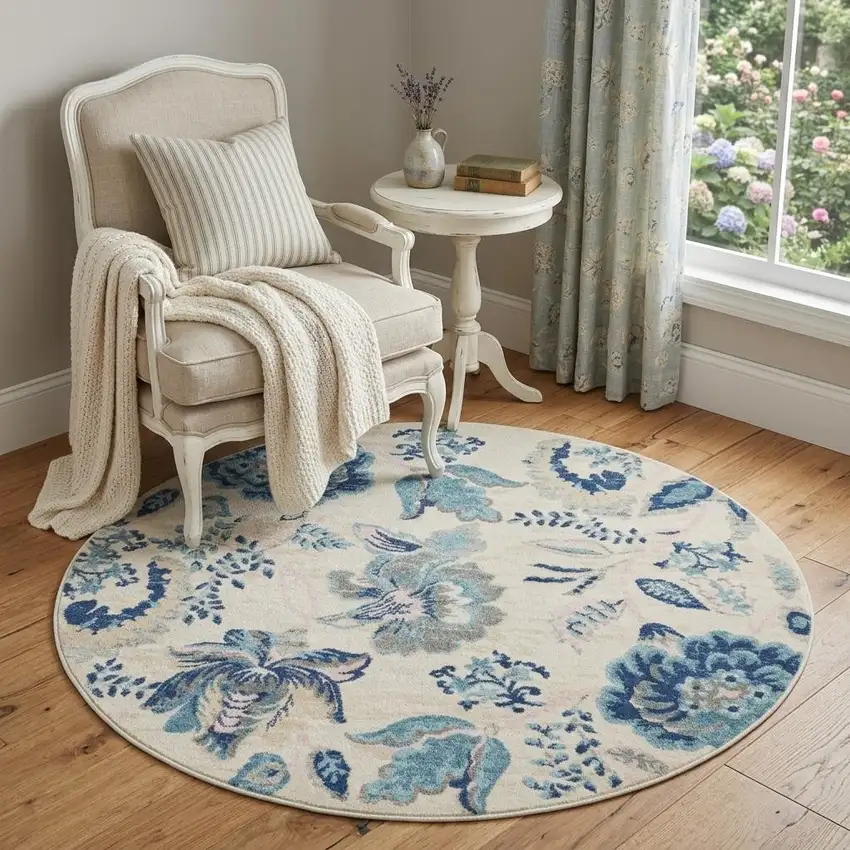 5' Ivory Navy Blue And Light Blue Floral Round Rug Photo 1