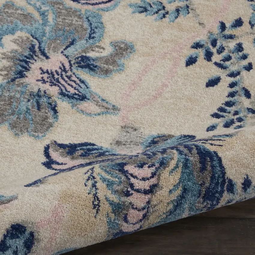 5' Ivory Navy Blue And Light Blue Floral Round Rug Photo 9