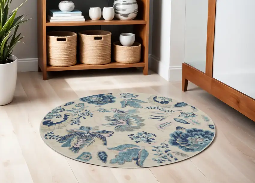 5' Ivory Navy Blue And Light Blue Floral Round Rug Photo 1