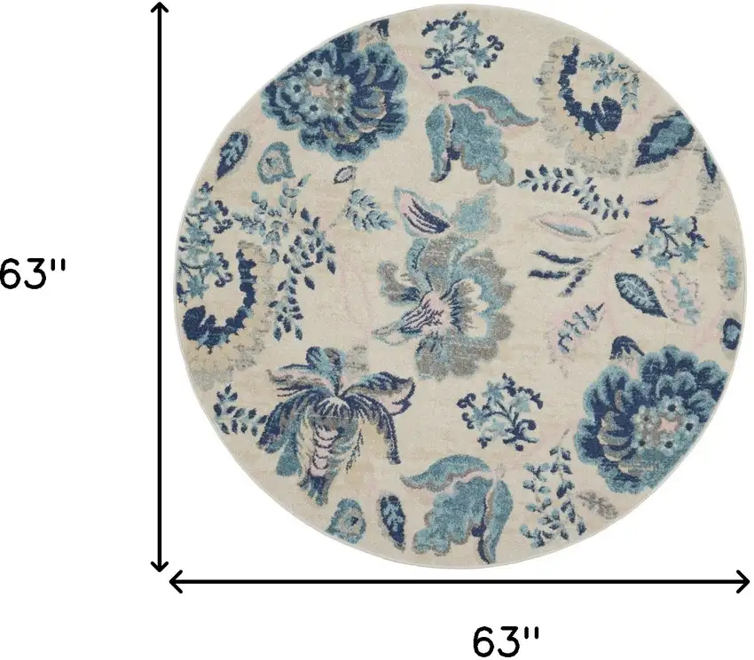 5' Ivory Navy Blue And Light Blue Floral Round Rug Photo 3