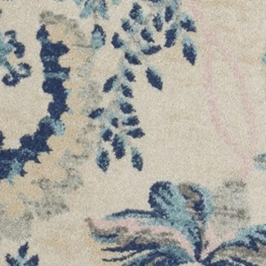 5' Ivory Navy Blue And Light Blue Floral Round Rug Photo 4