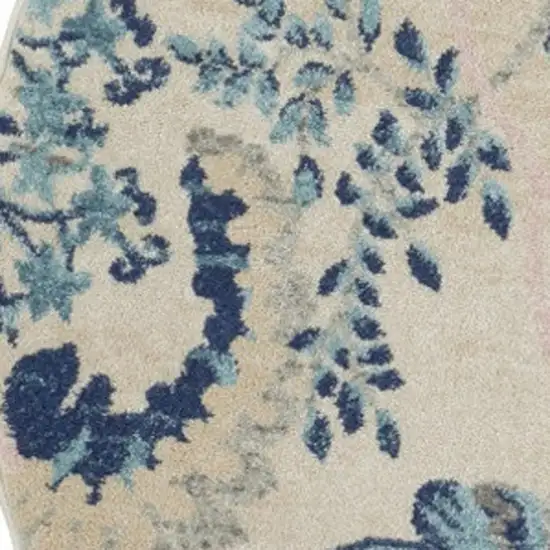 5' Ivory Navy Blue And Light Blue Floral Round Rug Photo 8