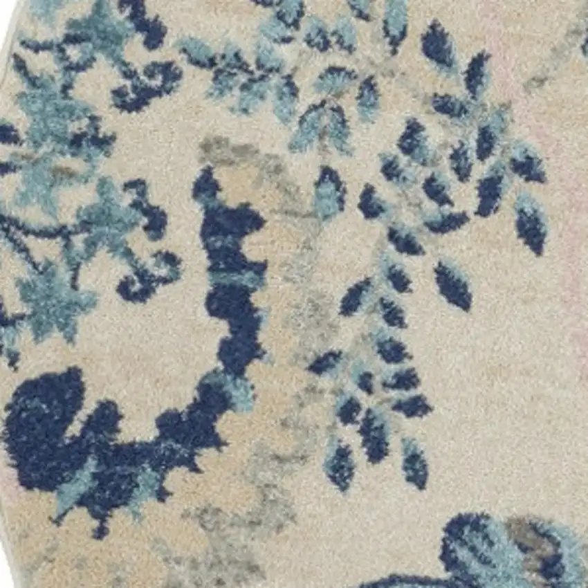 5' Ivory Navy Blue And Light Blue Floral Round Rug Photo 8
