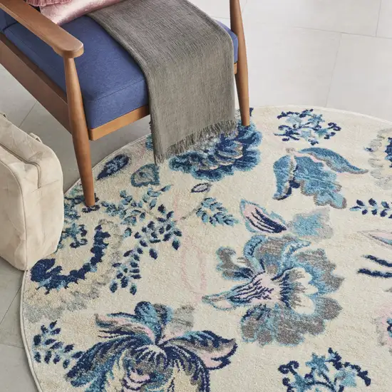 5' Ivory Navy Blue And Light Blue Floral Round Rug Photo 6