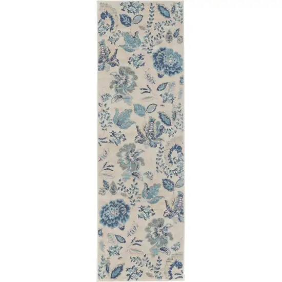 7' Ivory Navy Blue And Light Blue Floral Runner Rug Photo 6