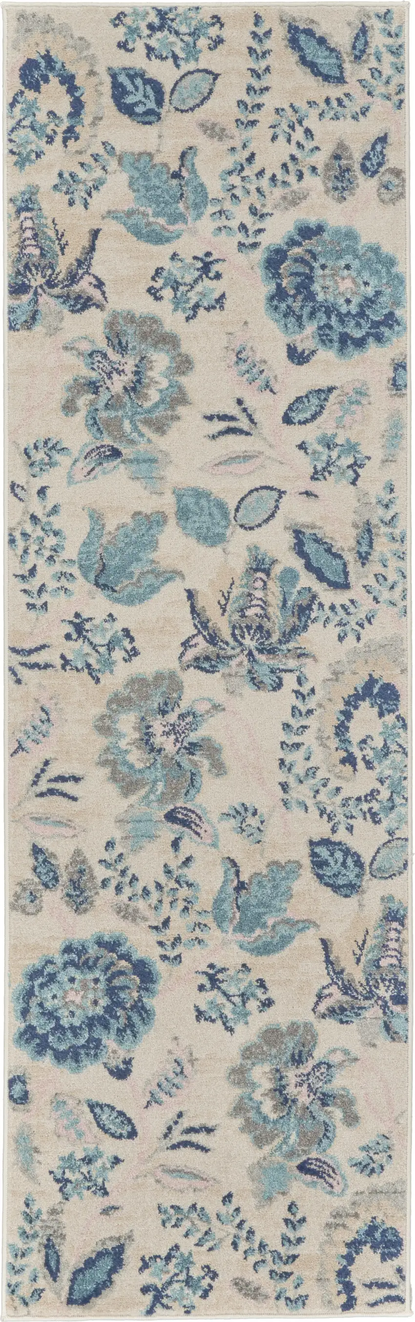 7' Ivory Navy Blue And Light Blue Floral Runner Rug Photo 6