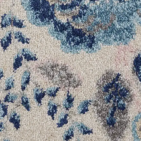 7' Ivory Navy Blue And Light Blue Floral Runner Rug Photo 4