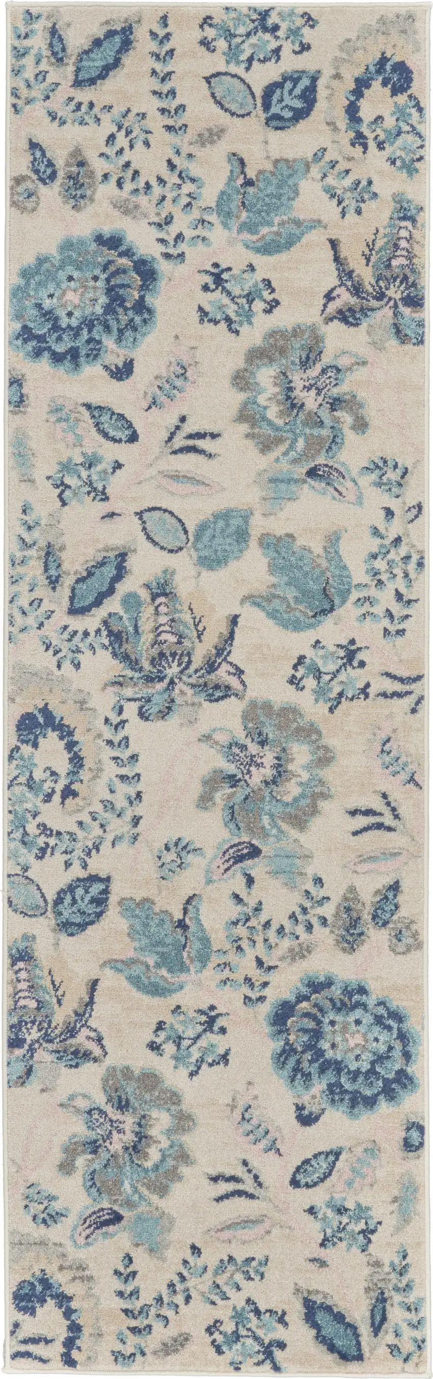 7' Ivory Navy Blue And Light Blue Floral Runner Rug Photo 2