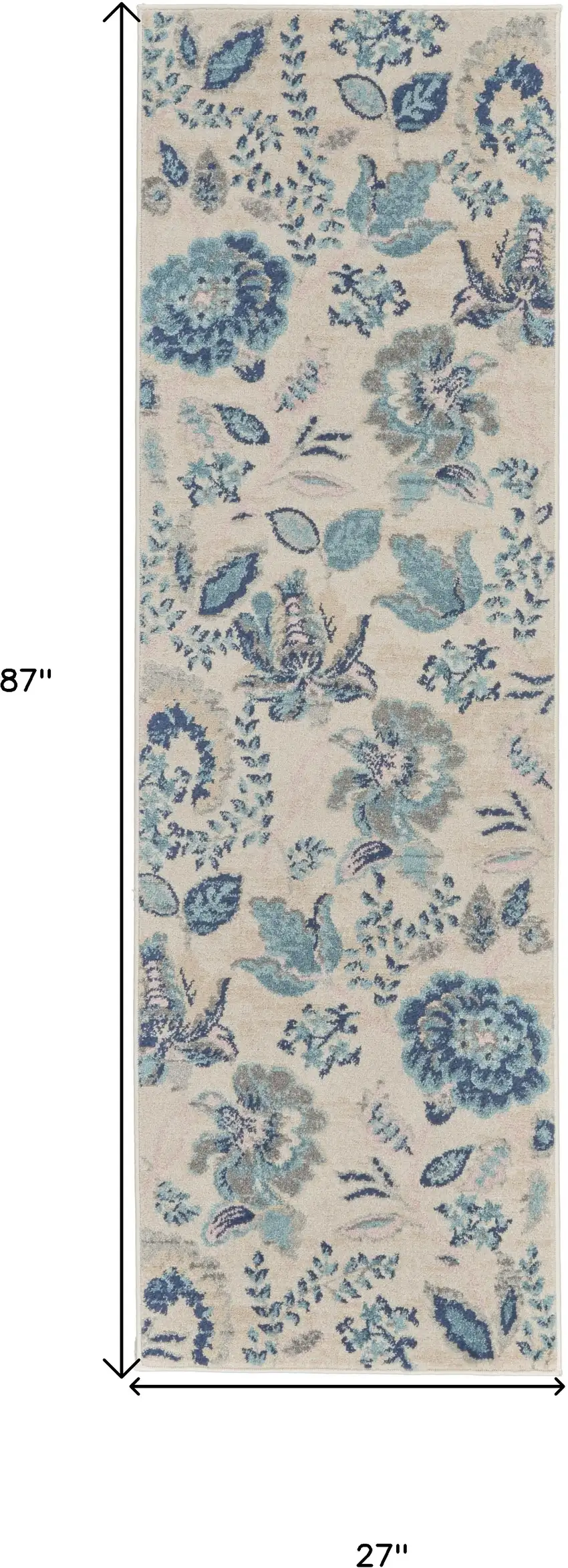 7' Ivory Navy Blue And Light Blue Floral Runner Rug Photo 3