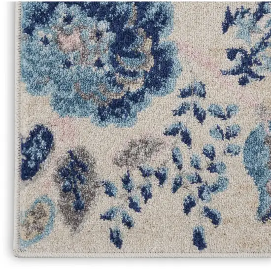 7' Ivory Navy Blue And Light Blue Floral Runner Rug Photo 8