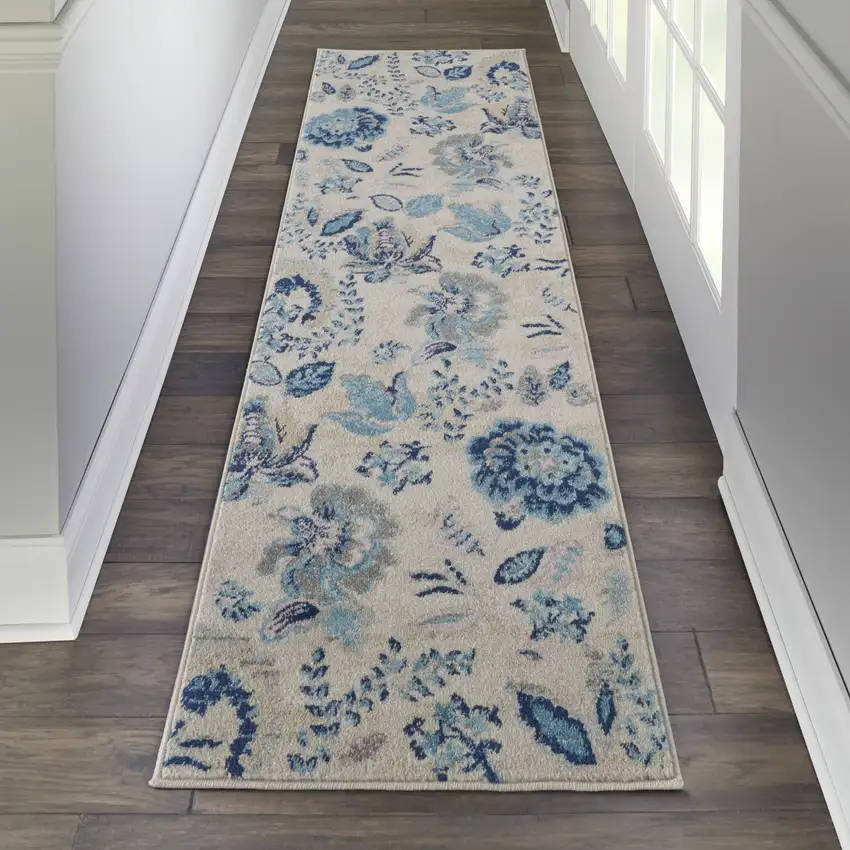 7' Ivory Navy Blue And Light Blue Floral Runner Rug Photo 5