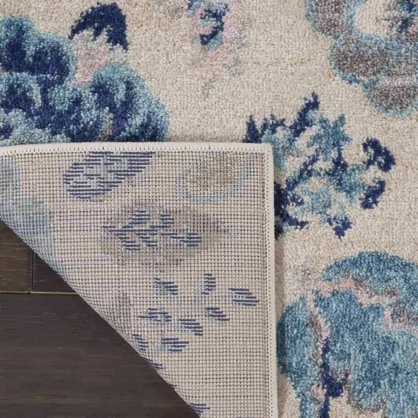 7' Ivory Navy Blue And Light Blue Floral Runner Rug Photo 9