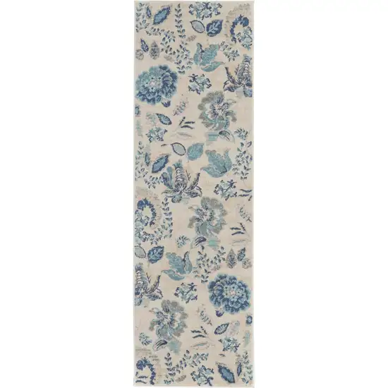 7' Ivory Navy Blue And Light Blue Floral Runner Rug Photo 9