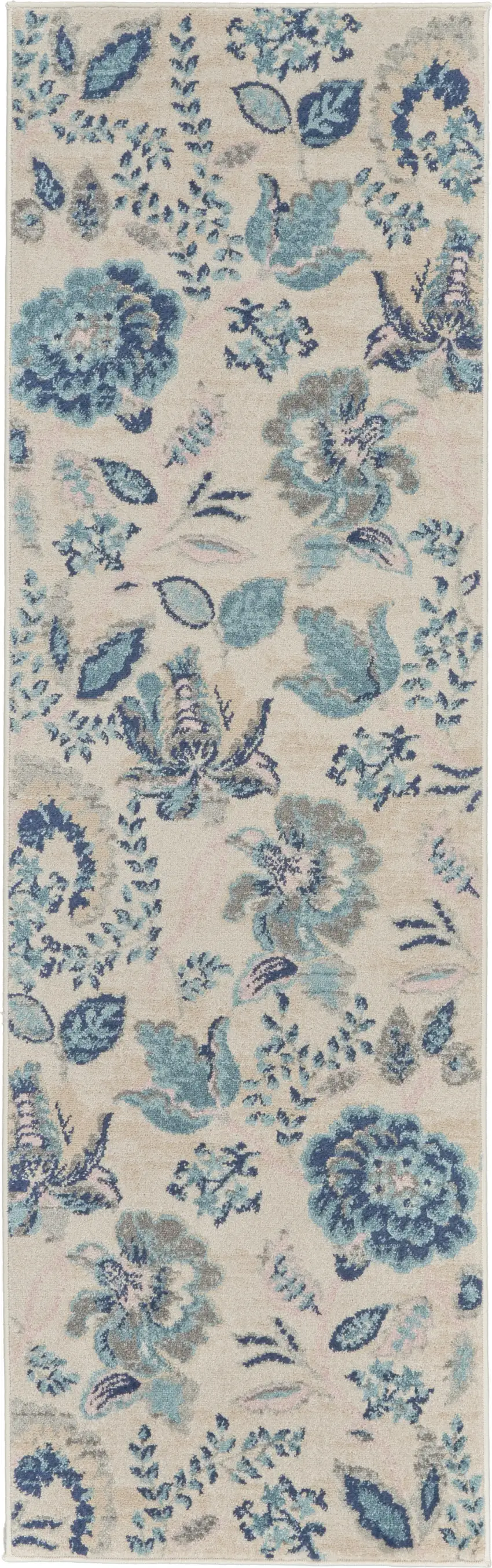 7' Ivory Navy Blue And Light Blue Floral Runner Rug Photo 9