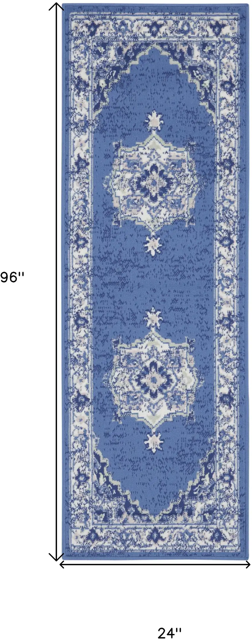 8' Ivory Navy Blue and Beige Floral Medallion Distressed Non Skid Runner Rug Photo 3