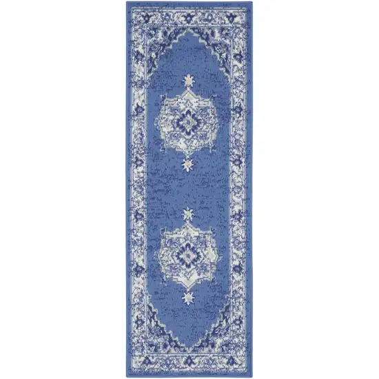 8' Ivory Navy Blue and Beige Floral Medallion Distressed Non Skid Runner Rug Photo 8