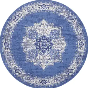 Photo of 8' Ivory Navy Blue and Beige Floral Medallion Round Rug