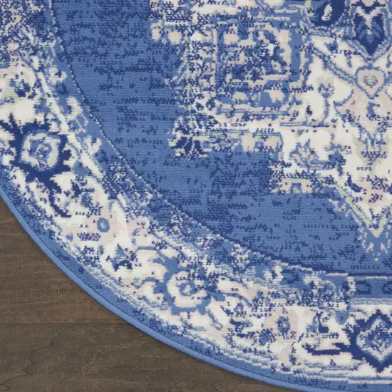 8' Ivory Navy Blue and Beige Floral Medallion Round Rug Photo 9