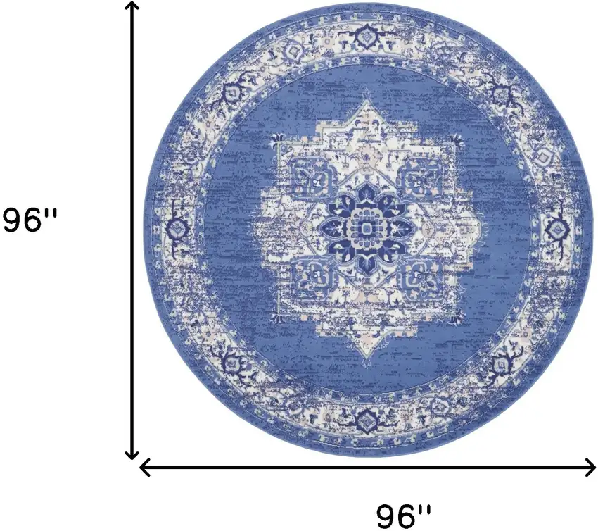8' Ivory Navy Blue and Beige Floral Medallion Round Rug Photo 3