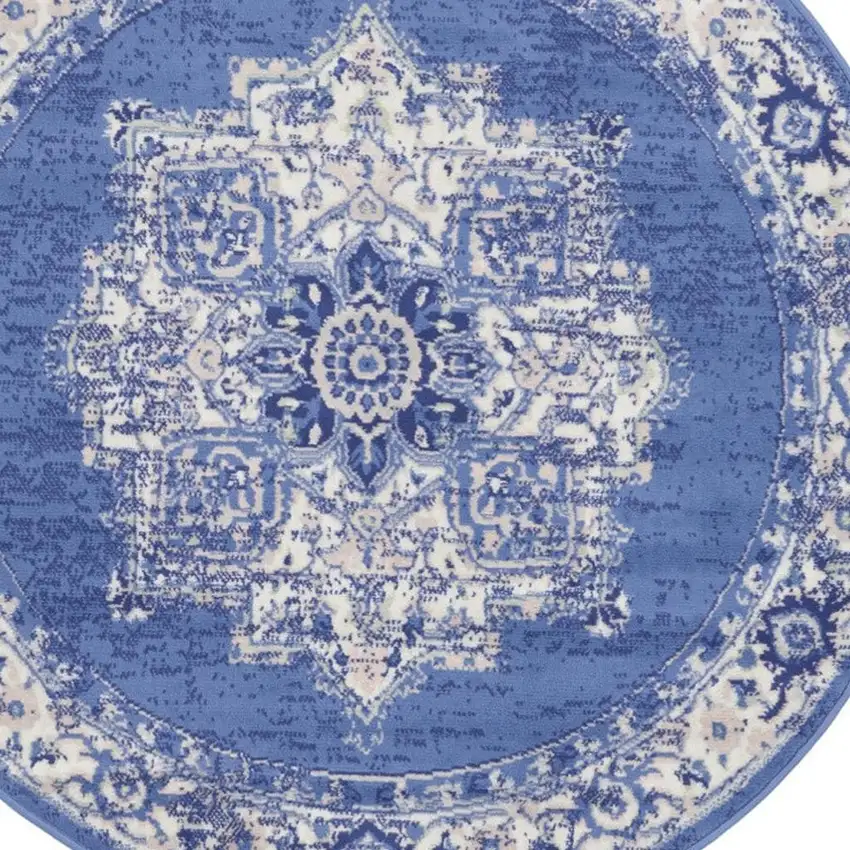 5' Ivory Navy Blue and Beige Floral Medallion Round Rug Photo 3