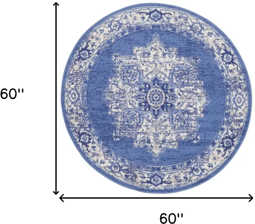 5' Ivory Navy Blue and Beige Floral Medallion Round Rug Photo 3