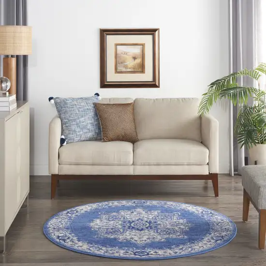 5' Ivory Navy Blue and Beige Floral Medallion Round Rug Photo 6