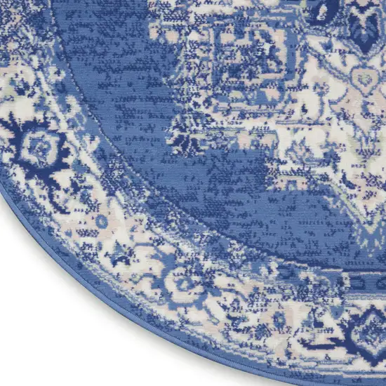5' Ivory Navy Blue and Beige Floral Medallion Round Rug Photo 9