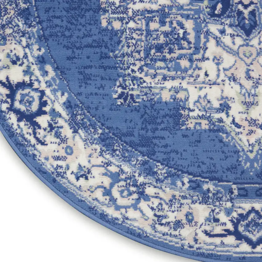 5' Ivory Navy Blue and Beige Floral Medallion Round Rug Photo 9