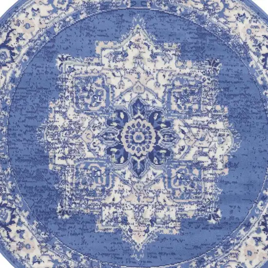 5' Ivory Navy Blue and Beige Floral Medallion Round Rug Photo 7