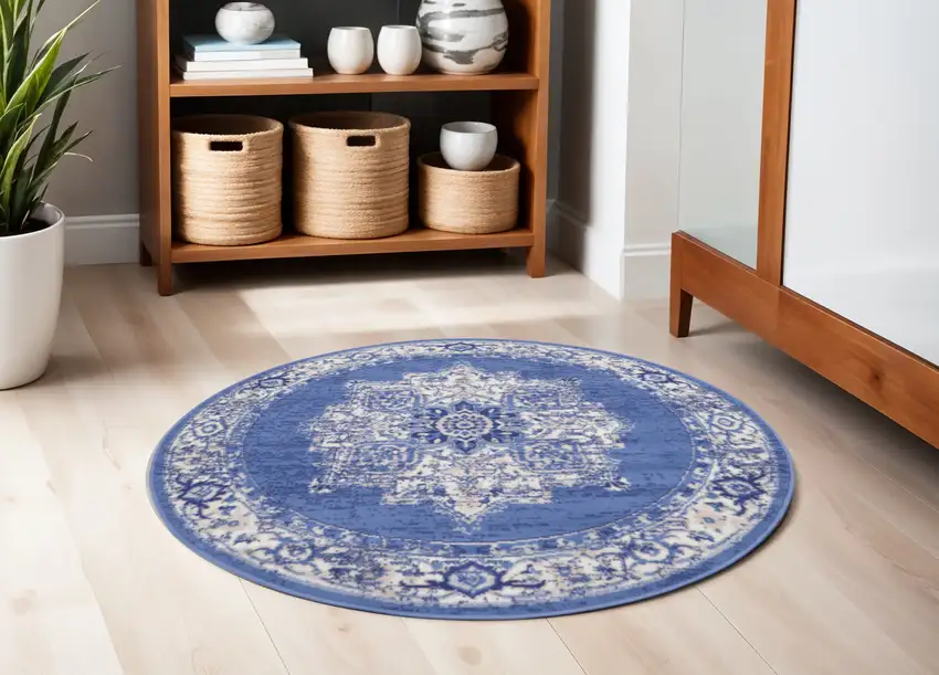 5' Ivory Navy Blue and Beige Floral Medallion Round Rug Photo 1