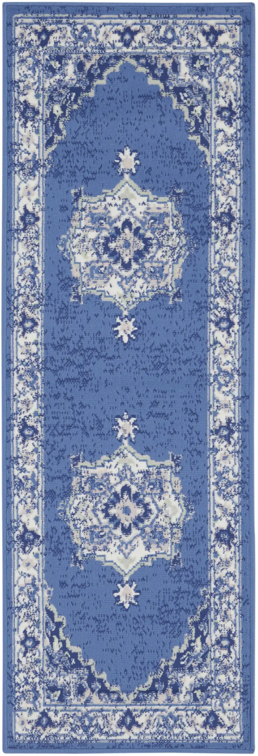 6' Ivory Navy Blue and Beige Floral Medallion Runner Rug Photo 1