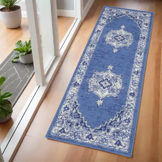 6' Ivory Navy Blue and Beige Floral Medallion Runner Rug Photo 1