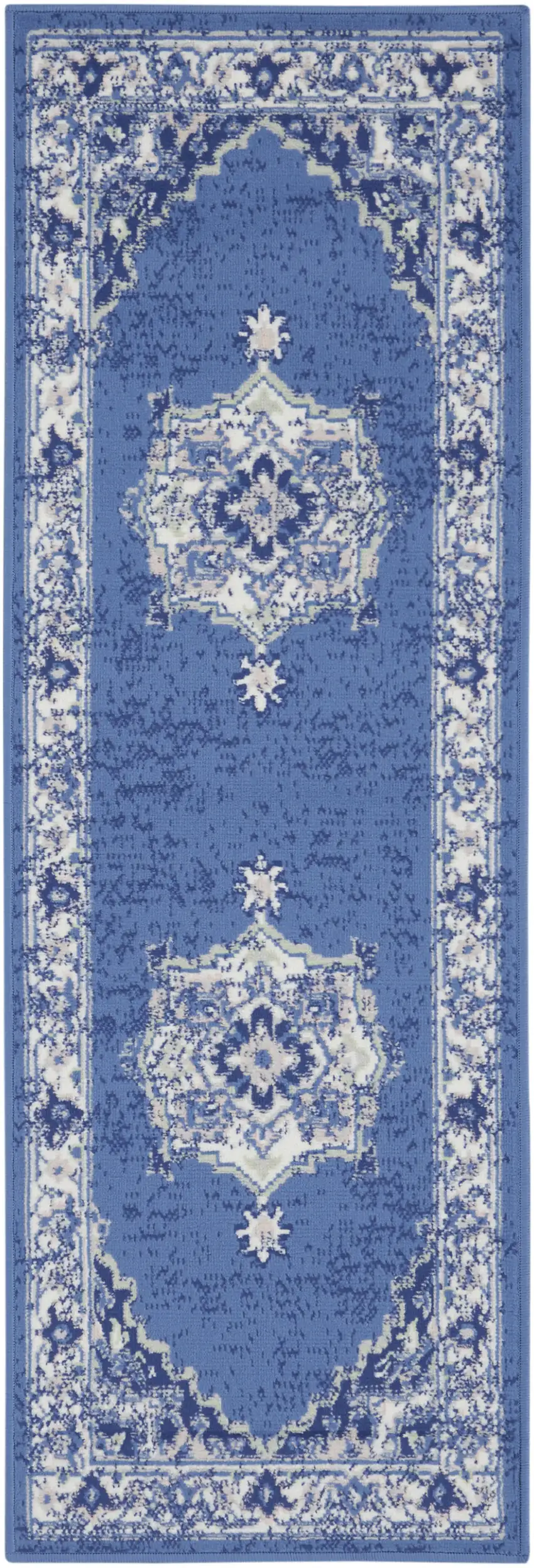 6' Ivory Navy Blue and Beige Floral Medallion Runner Rug Photo 2