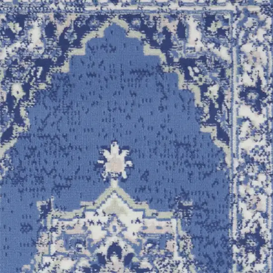 6' Ivory Navy Blue and Beige Floral Medallion Runner Rug Photo 7
