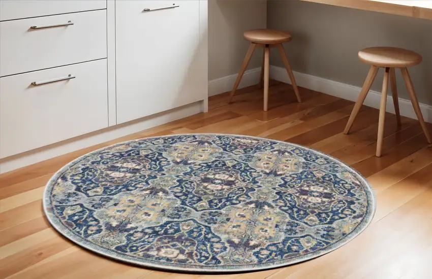 6' Ivory Navy Blue and Yellow Floral Distressed Non Skid Round Rug Photo 1