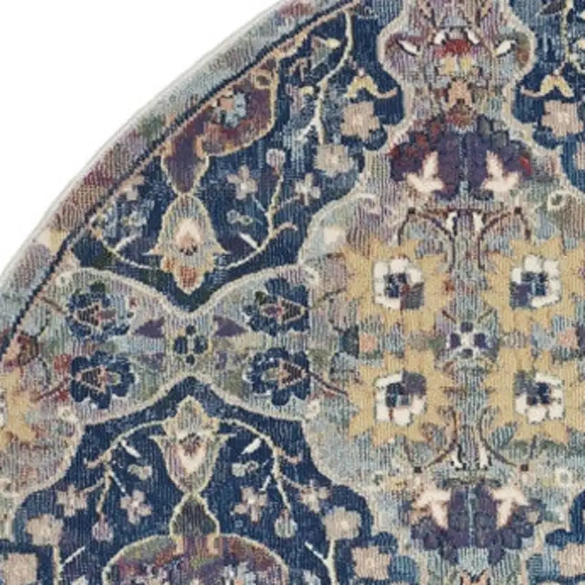 6' Ivory Navy Blue and Yellow Floral Distressed Non Skid Round Rug Photo 3