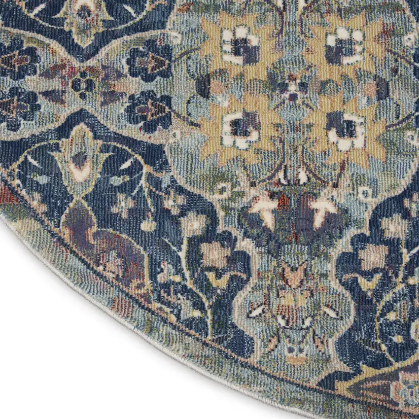 6' Ivory Navy Blue and Yellow Floral Distressed Non Skid Round Rug Photo 9