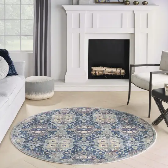6' Ivory Navy Blue and Yellow Floral Distressed Non Skid Round Rug Photo 6