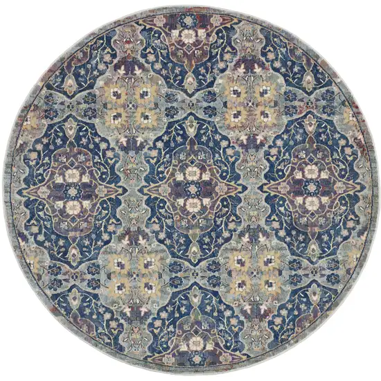 6' Ivory Navy Blue and Yellow Floral Distressed Non Skid Round Rug Photo 4