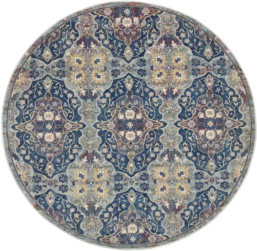 6' Ivory Navy Blue and Yellow Floral Distressed Non Skid Round Rug Photo 4