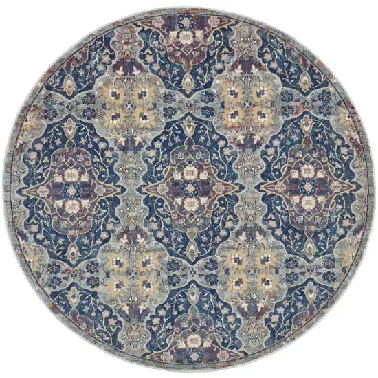 6' Ivory Navy Blue and Yellow Floral Distressed Non Skid Round Rug Photo 2