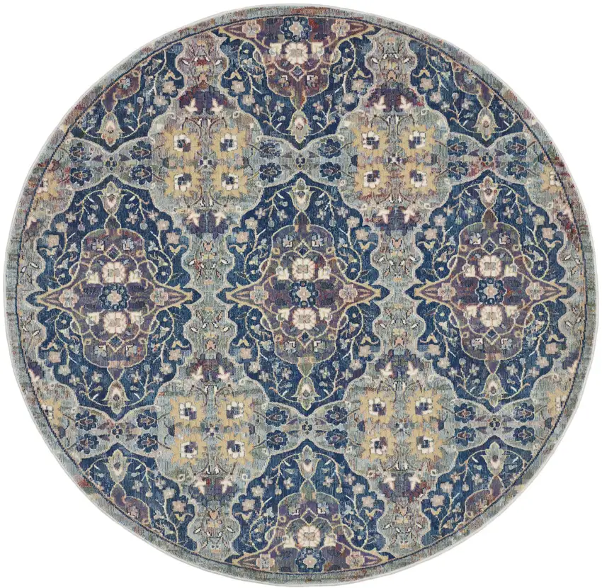 6' Ivory Navy Blue and Yellow Floral Distressed Non Skid Round Rug Photo 2