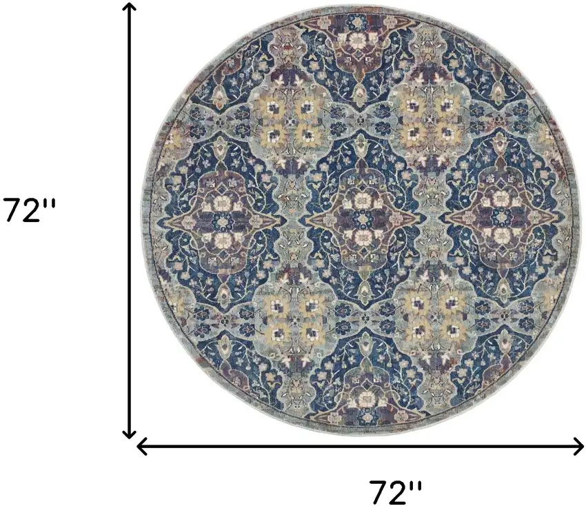 6' Ivory Navy Blue and Yellow Floral Distressed Non Skid Round Rug Photo 3