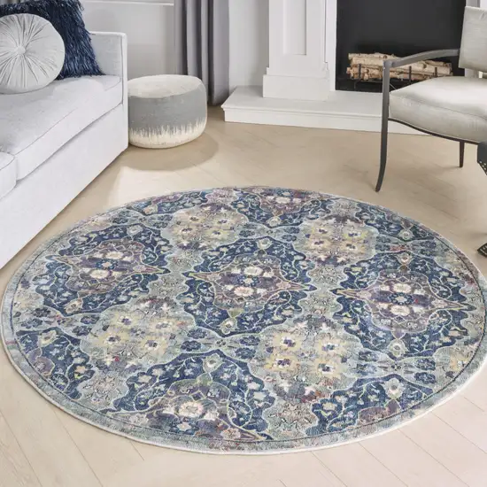 6' Ivory Navy Blue and Yellow Floral Distressed Non Skid Round Rug Photo 5