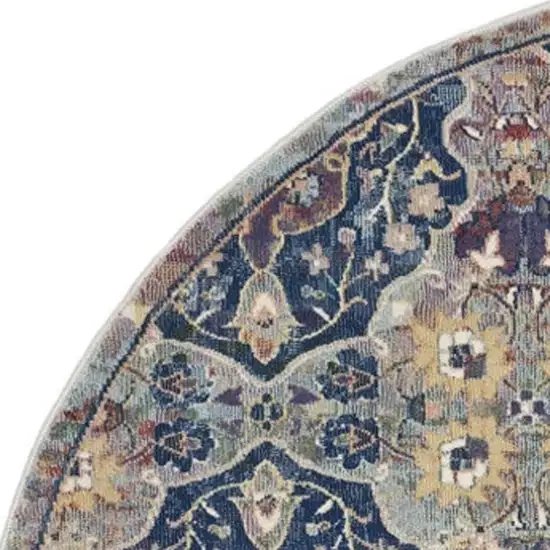 6' Ivory Navy Blue and Yellow Floral Distressed Non Skid Round Rug Photo 7
