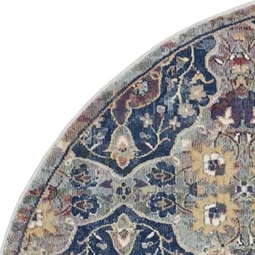 6' Ivory Navy Blue and Yellow Floral Distressed Non Skid Round Rug Photo 7
