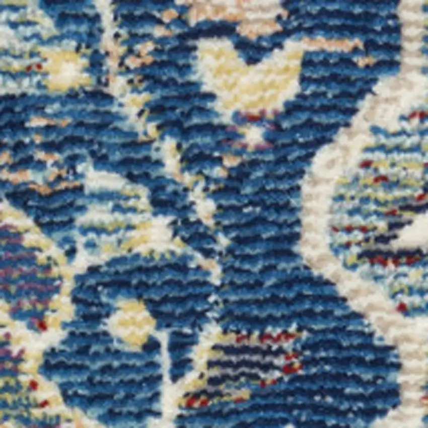 6' Ivory Navy Blue and Yellow Floral Distressed Non Skid Runner Rug Photo 1