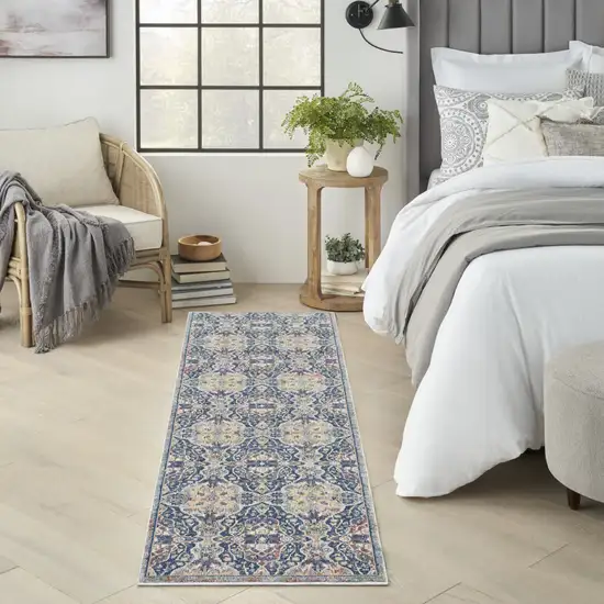 6' Ivory Navy Blue and Yellow Floral Distressed Non Skid Runner Rug Photo 5