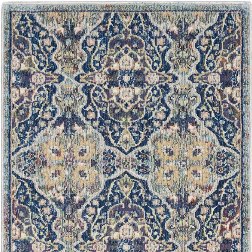 6' Ivory Navy Blue and Yellow Floral Distressed Non Skid Runner Rug Photo 9