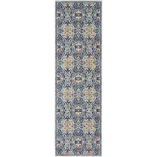 6' Ivory Navy Blue and Yellow Floral Distressed Non Skid Runner Rug Photo 2